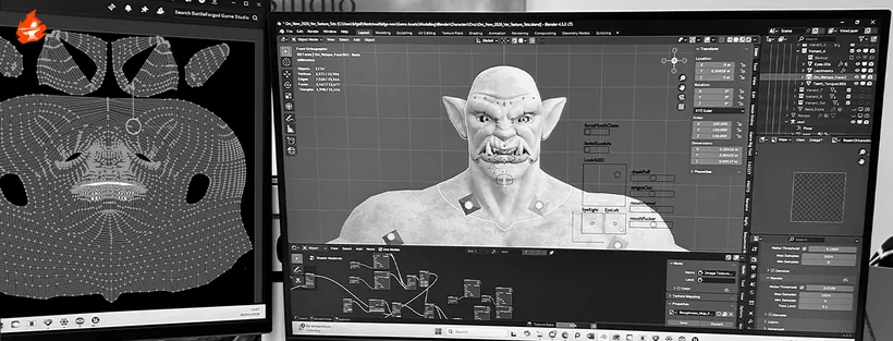An orc head being sculpted and UV-mapped in 3D software